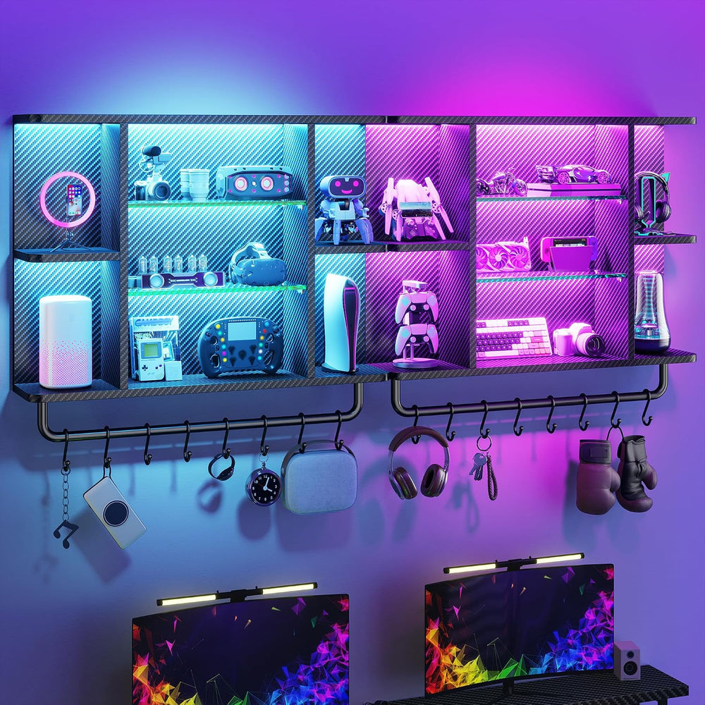 REIBII 34" Gaming Floating Shelves, LED Wall Mounted Shelf with Adjustab...