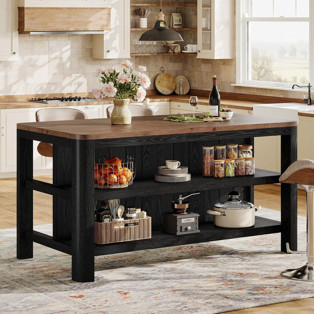63" Solid Wood Kitchen Island with Storage Shelves, Black