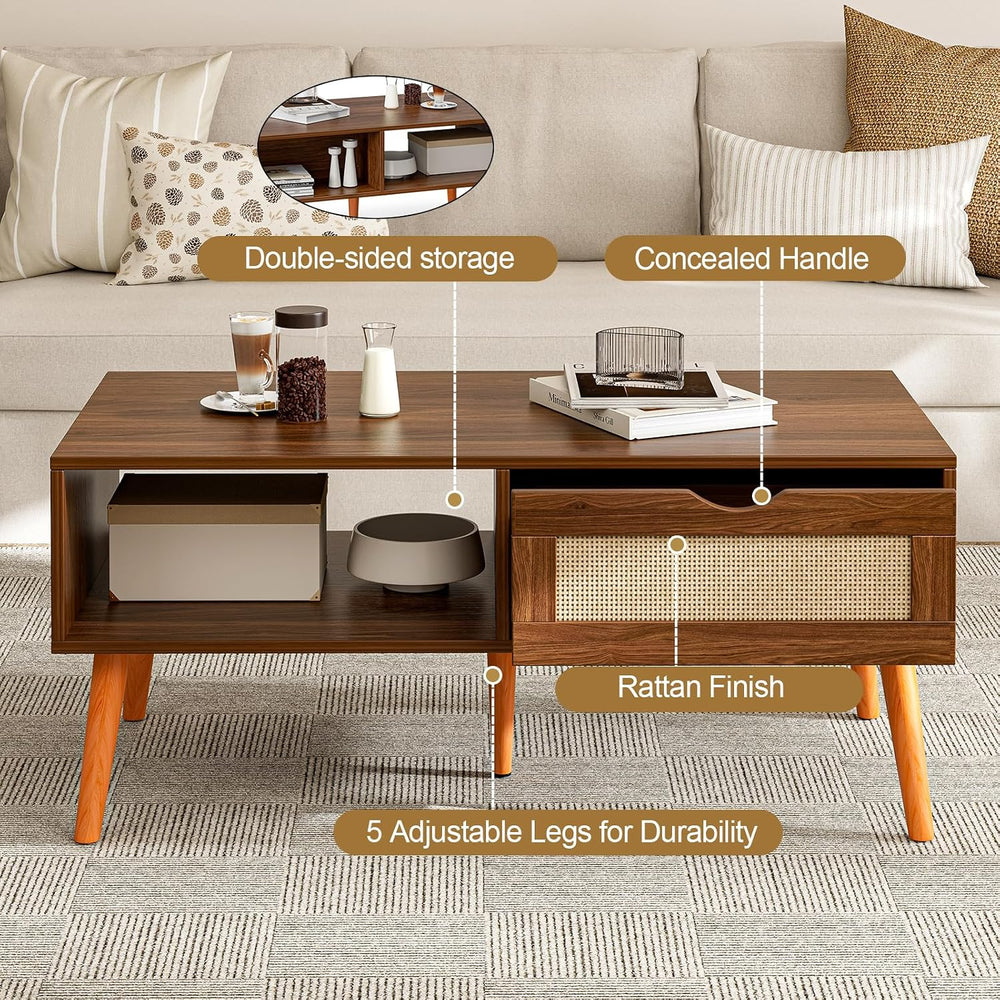 ZttRiee Rattan Coffee Table with Drawer, Mid-Century, Walnut