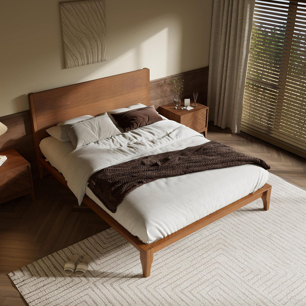 Merax King Size Bamboo Platform Bed Frame with Tall Headboard, Brown