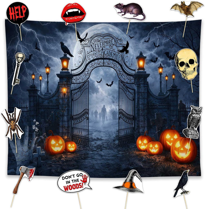Allenjoy 118" x 95" Halloween Horror Photography Backdrop with Photo Booth Props, Party Decorations, Supplies and Favors