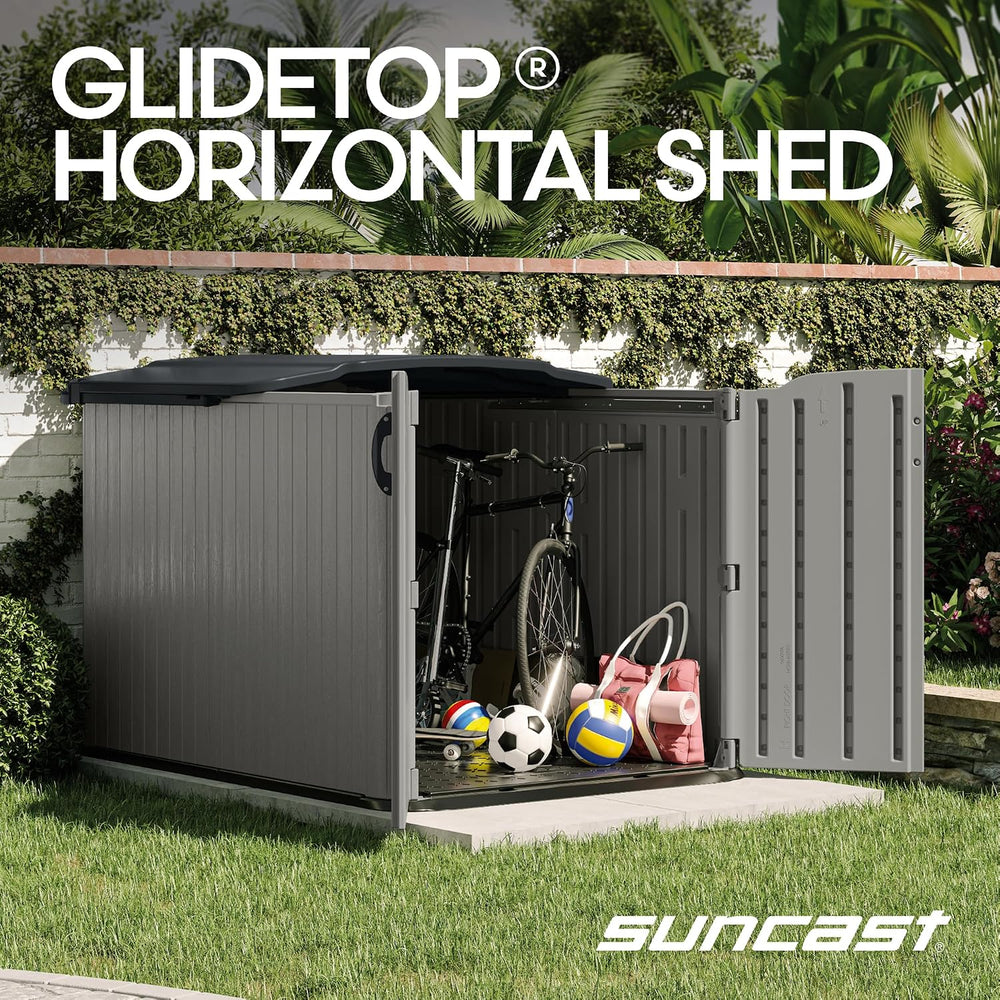 Suncast Horizontal Storage Shed, 98 Cu Ft, Resin, Glidetop, Sliding Lid
