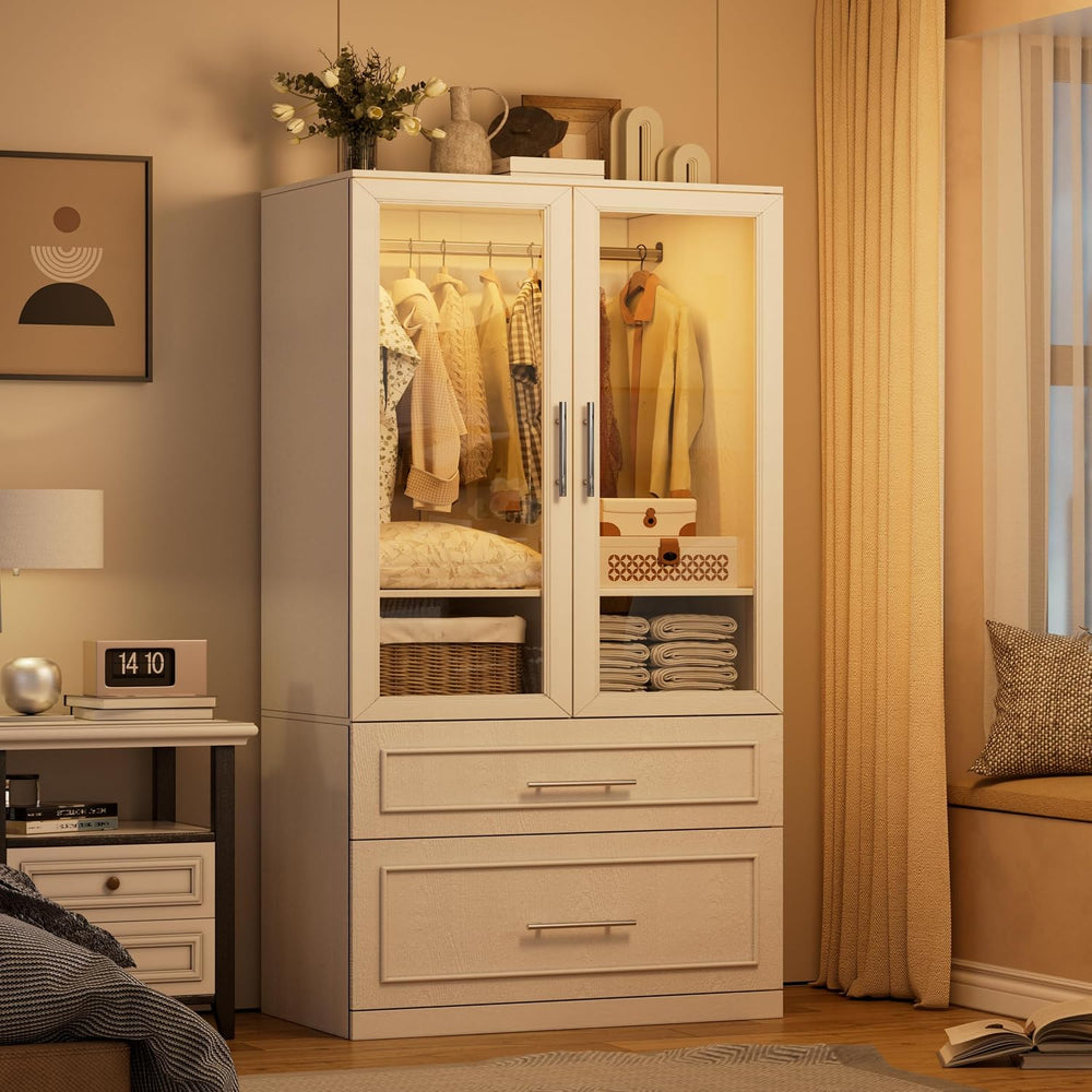 PAKASEPT Armoire Wardrobe Closet with Glass Door and Drawers, Bedroom Closet ...