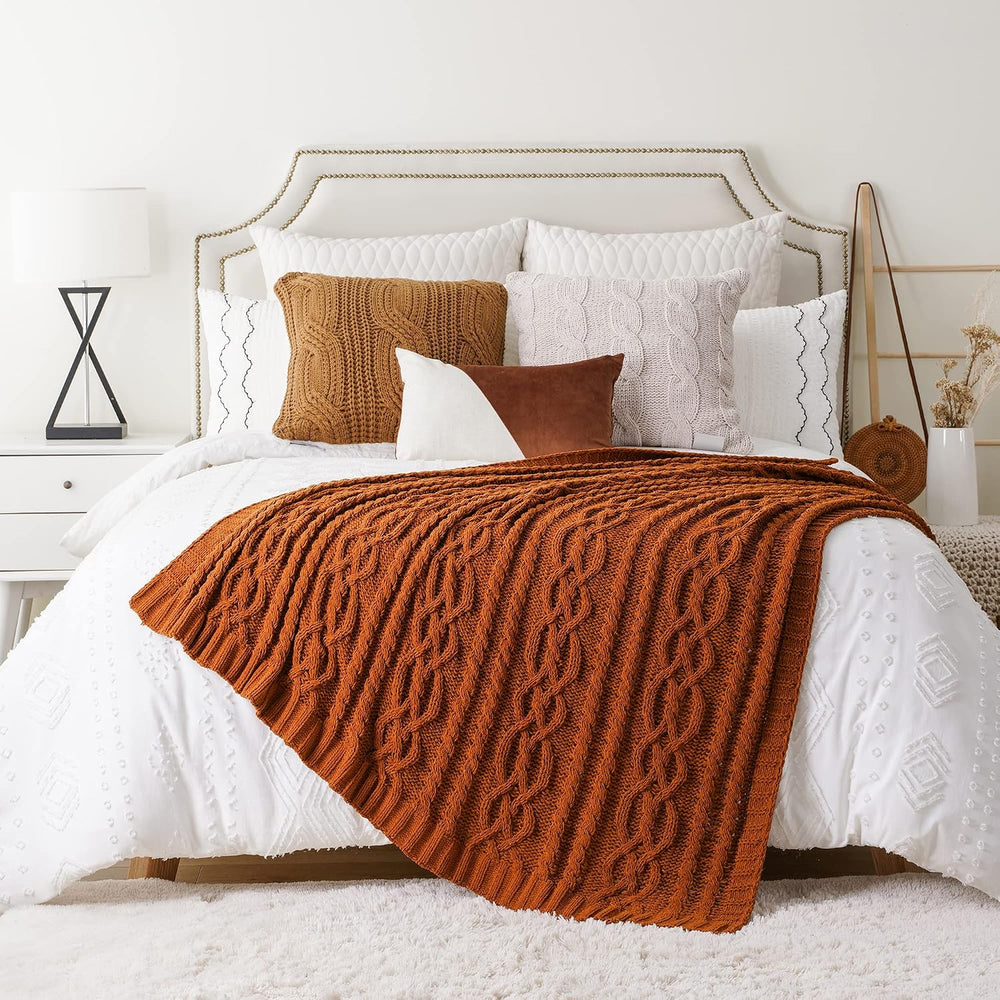 Battilo Rust Orange Throw Blanket for Couch, 51" x 67", Cable Knit ...