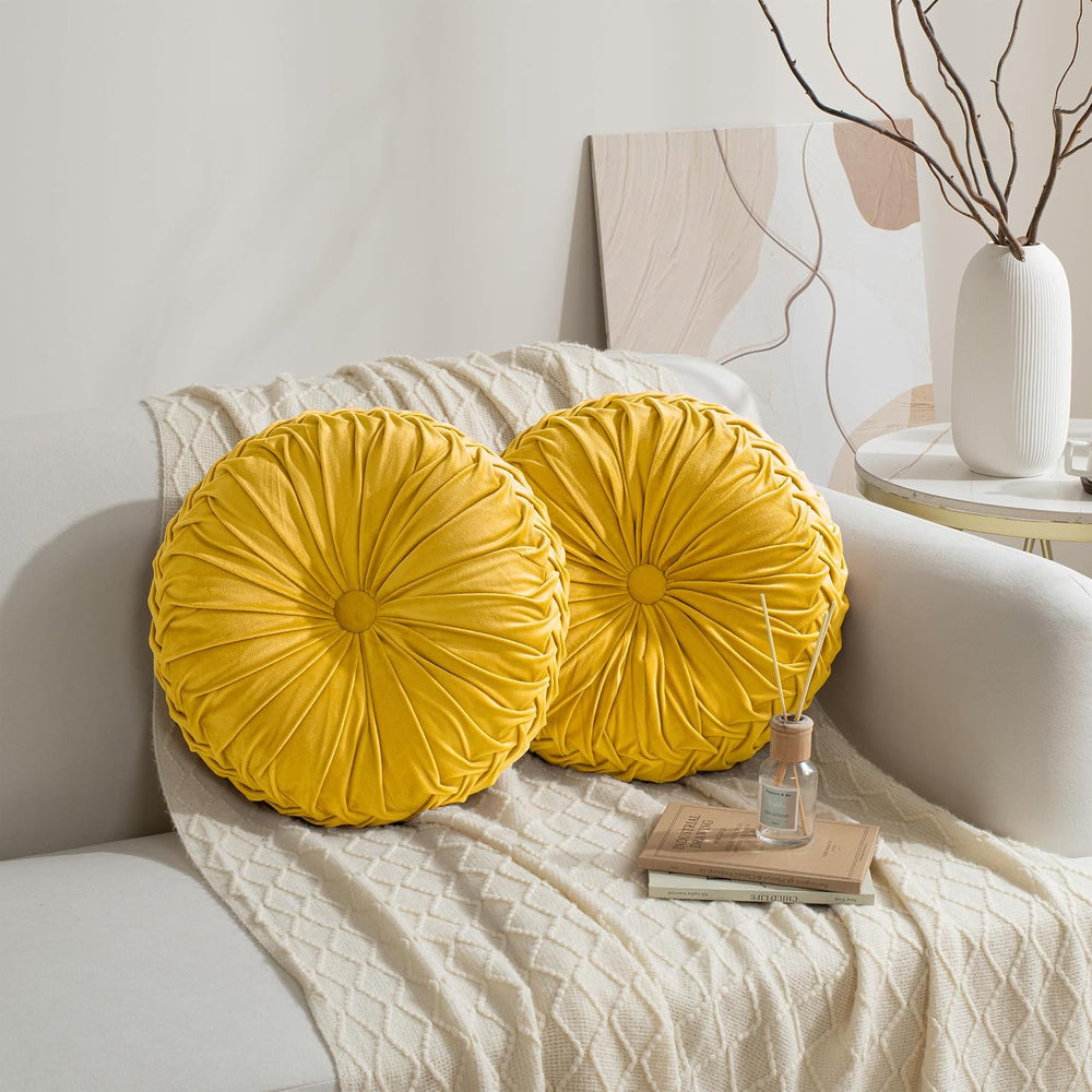 HIG Set of 2 Yellow Velvet Decorative Round Pleated Throw Pillows