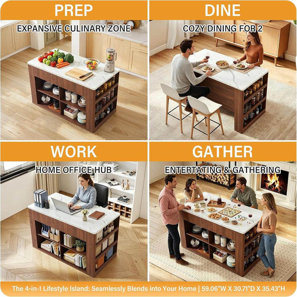 59" Kitchen Island with Storage & Seating for 2, Modern Stationary K...