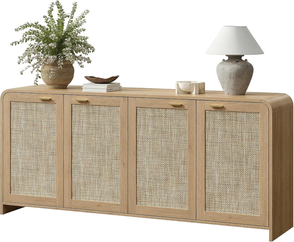 Evermagin 67" Rattan Sideboard Buffet Cabinet with Storage, Natural Oak