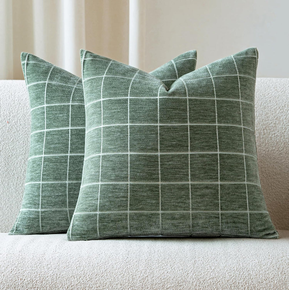 Decorative Chenille Plaid Throw Pillow Covers Sage Green 24x24 Set of 2