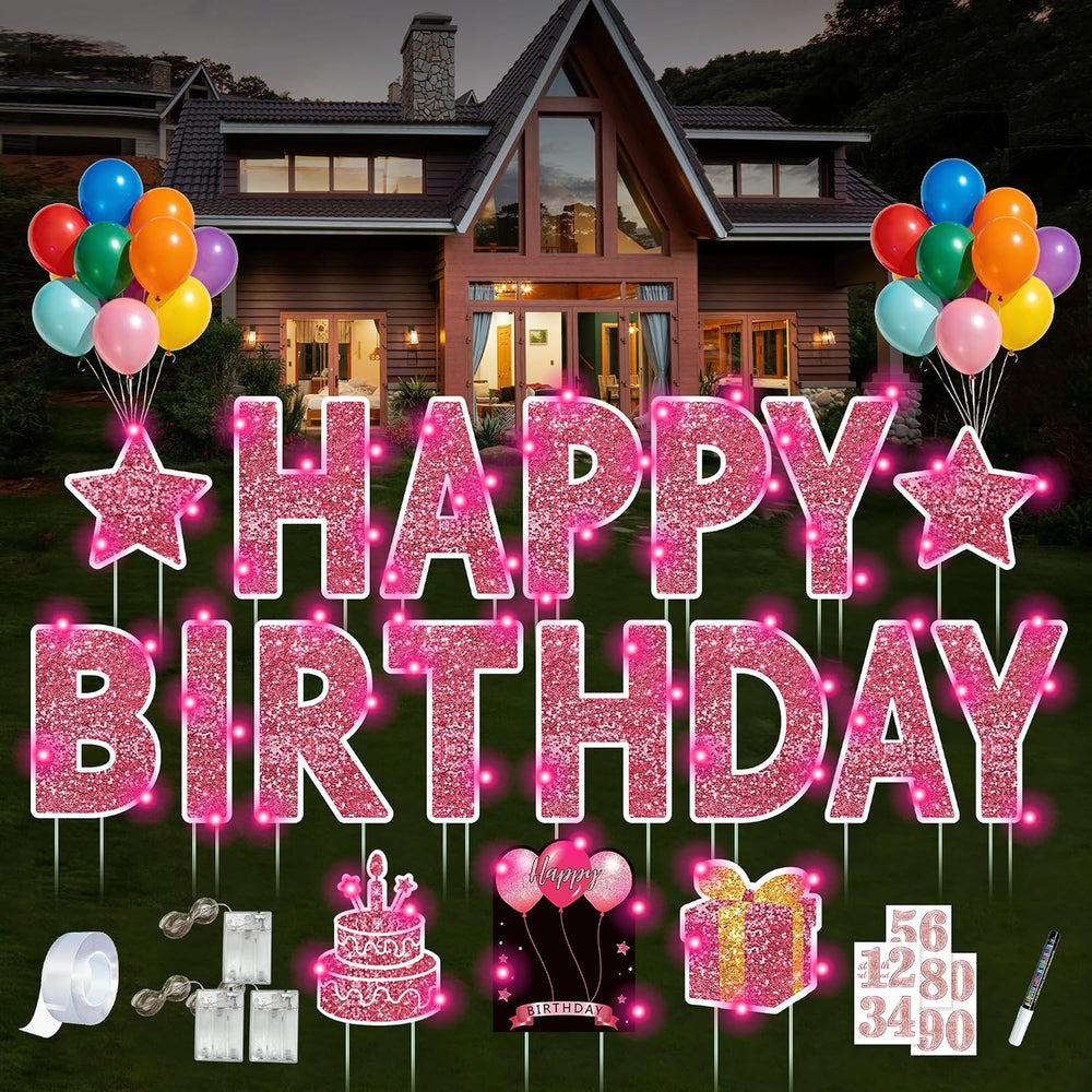 18 Pcs Happy Birthday Yard Sign with Stakes, Pink Happy Birthday Yard Sign wi...