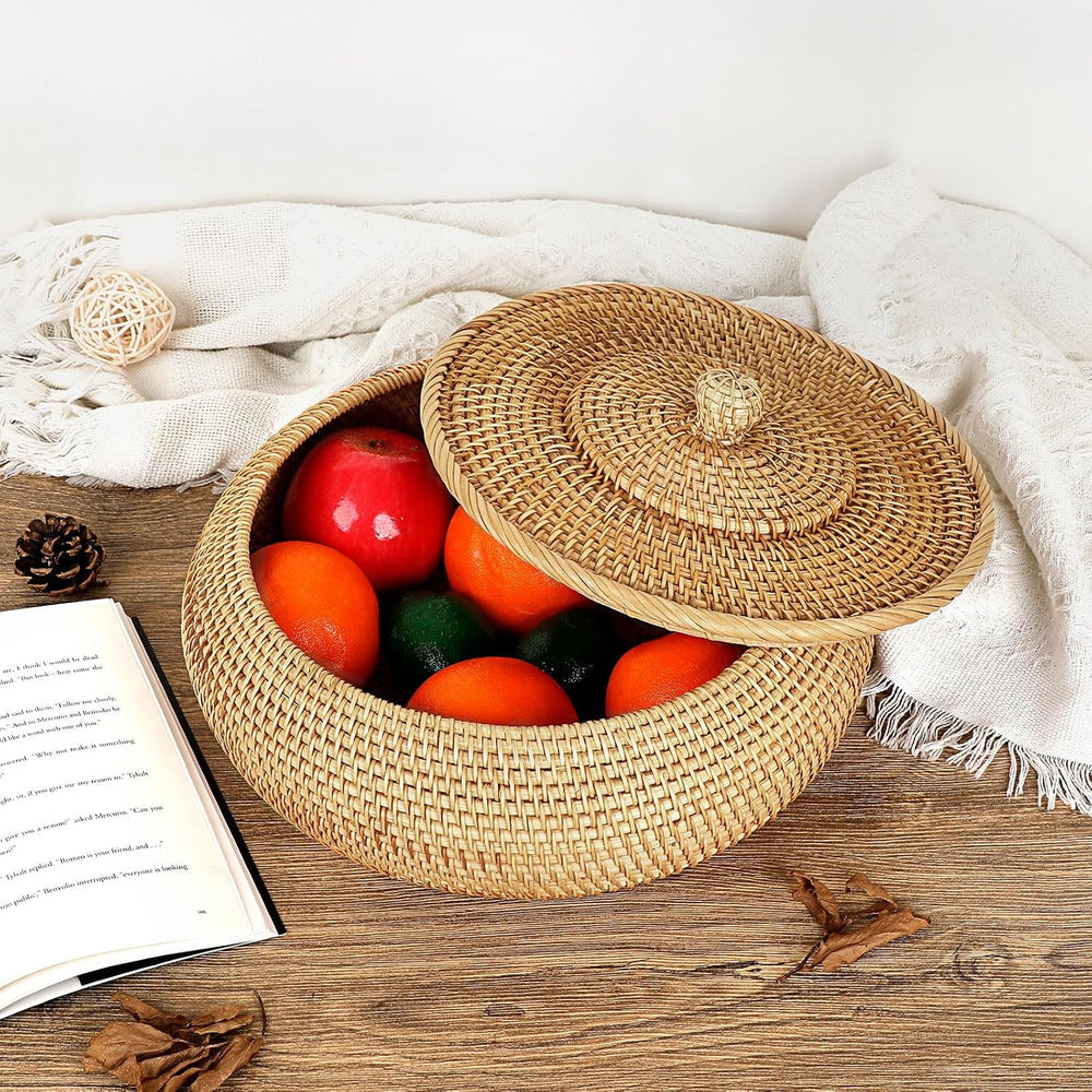 Hipiwe Round Rattan Boxes with Lid, X-Large Woven Wicker Bread Basket Bin