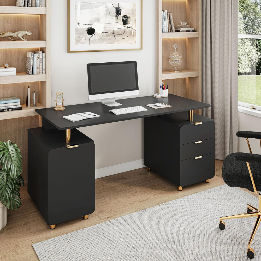 Techni Mobili 57"W Computer Desk w/ 3 Drawers & Storage Cabinet, Bla...