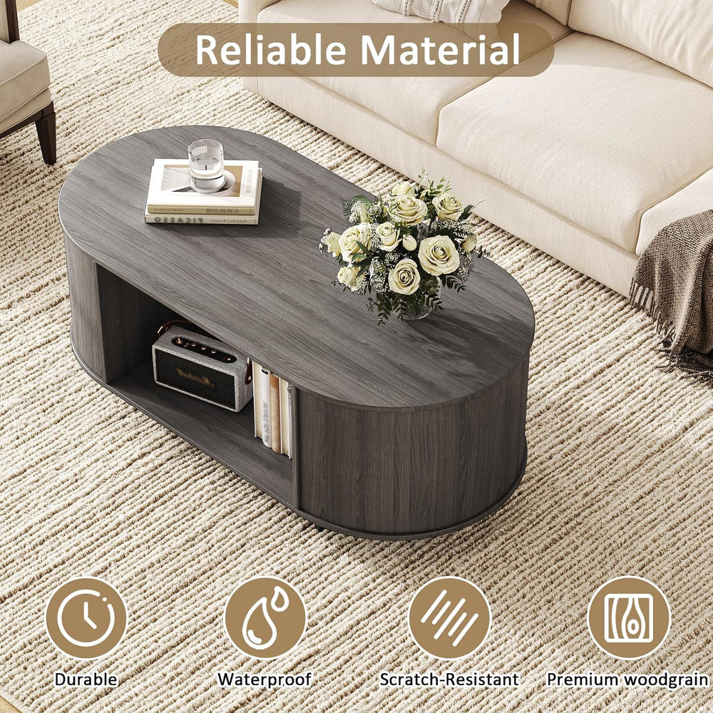 Modern Oval Coffee Table with Storage for Living Room, Grey