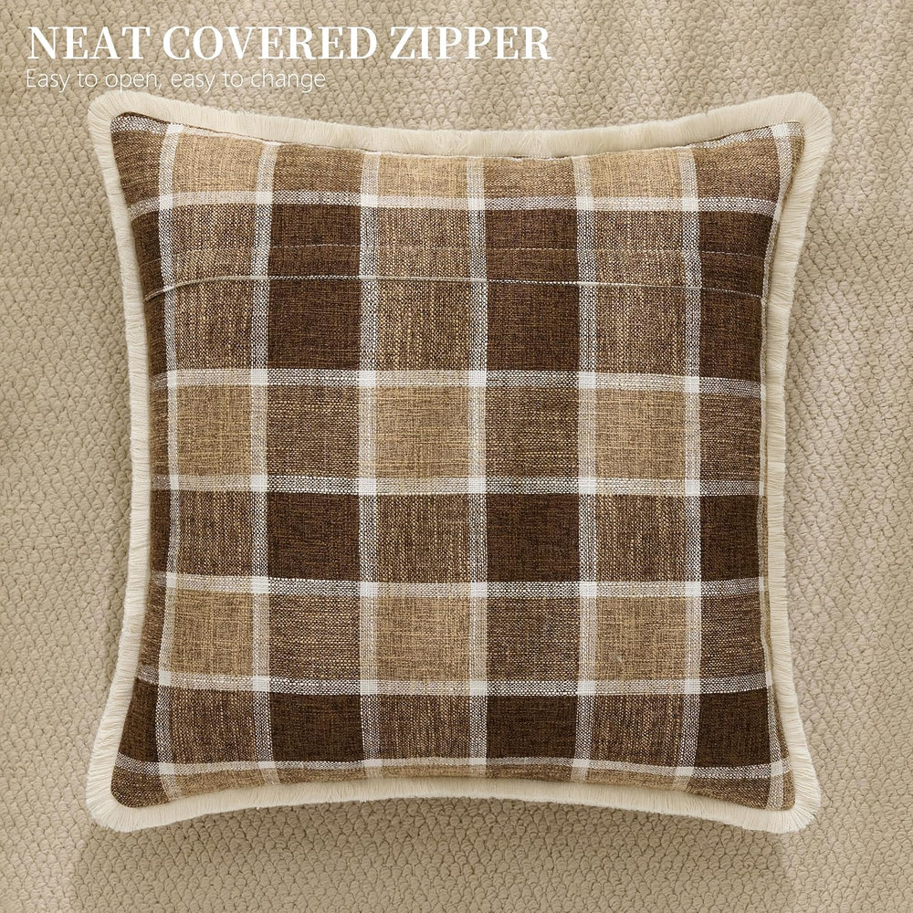 Classic Windowpane Plaid Pillow Covers 18x18 Set of 2, Structured Linen-Look ...