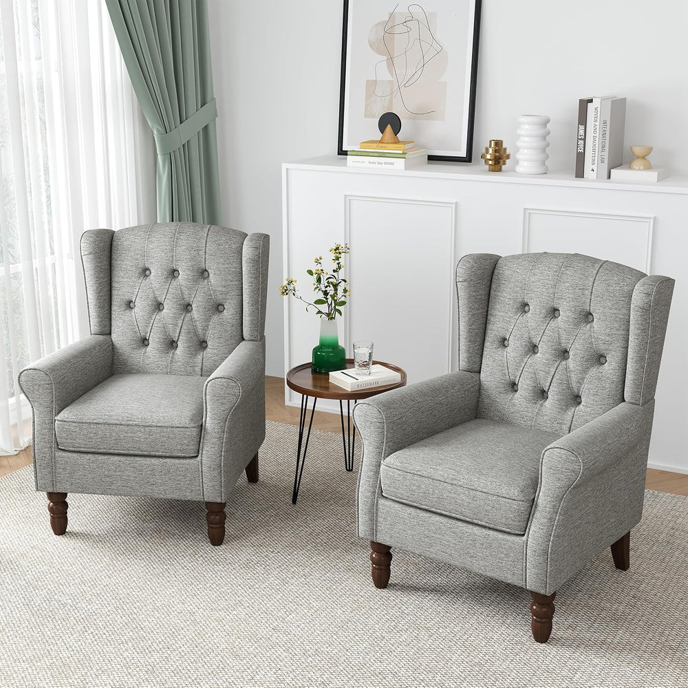 High Wingback Accent Chairs Set of 2, Button-Tufted Armchair, Light Gray