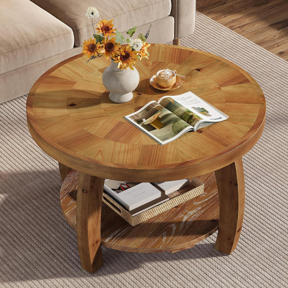 Solid Wood Round Coffee Table, 2-Tier Center Table with Storage