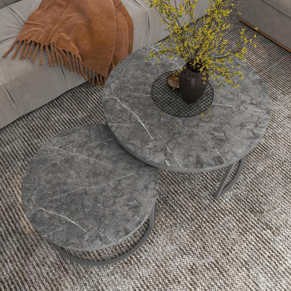 Nesting Coffee Table Set of 2, 31.5" Round Coffee Table Wooden Marble Pa...