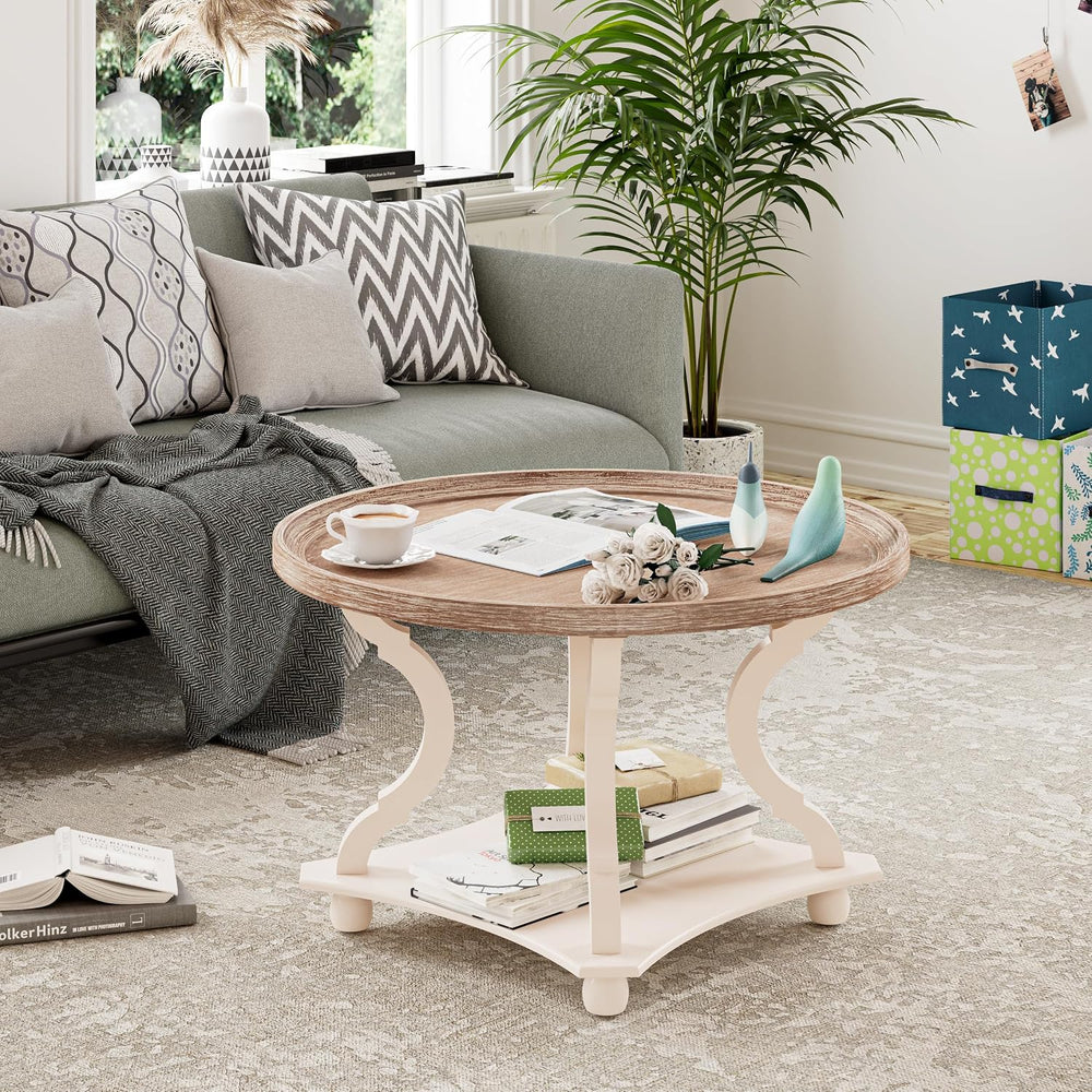 Round Farmhouse Coffee Table with Tray Top, Handmade Finish, White