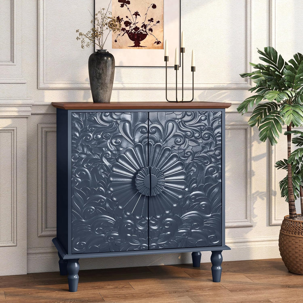 Accent Cabinet with 2 Embossed Flowers Doors for Living Room