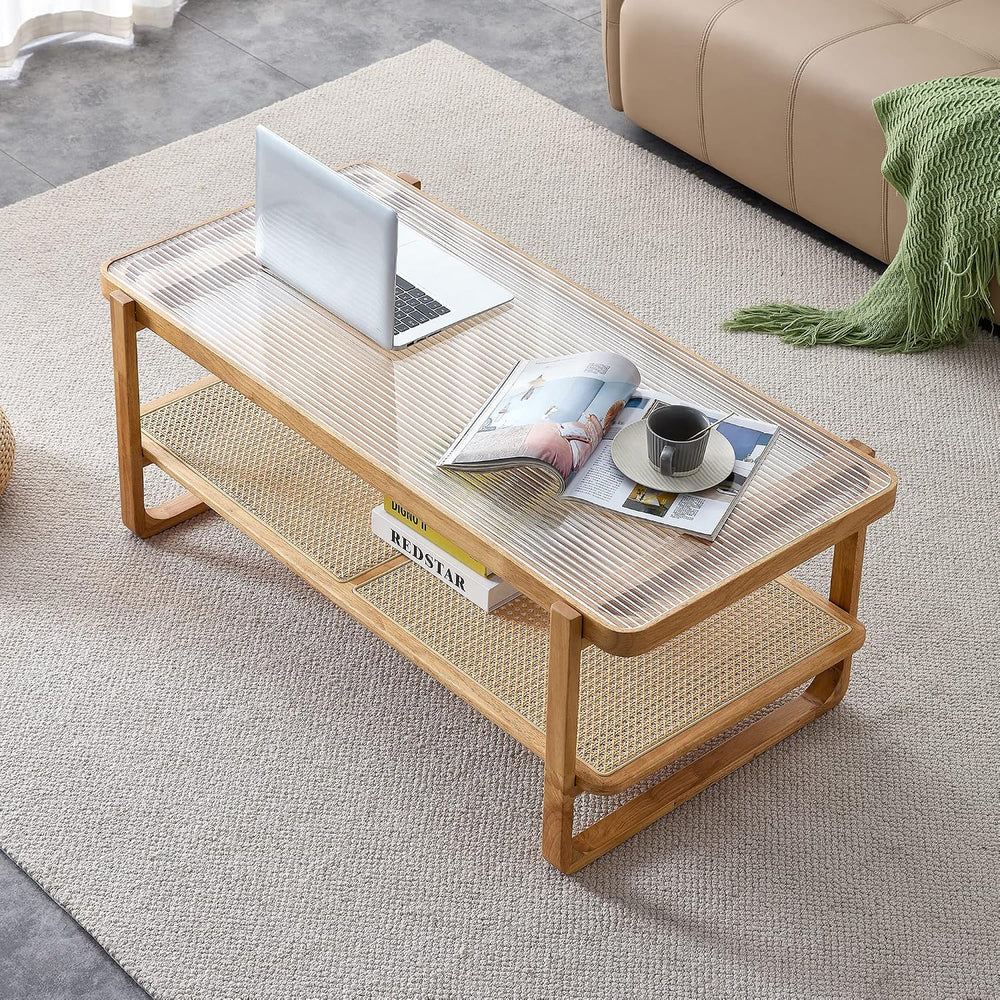 Rattan Coffee Table with Tempered Glass Top,Wood Coffee Table for Living Room...