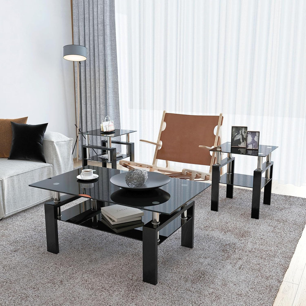 3 Piece Living Room Table Set, Glass Coffee Table and End Table Set of 3, Cof...