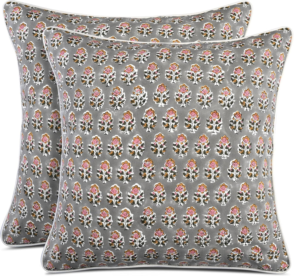 CPC Labra Grey Block Print Throw Pillow Covers 18x18 Inch, Pack of 2