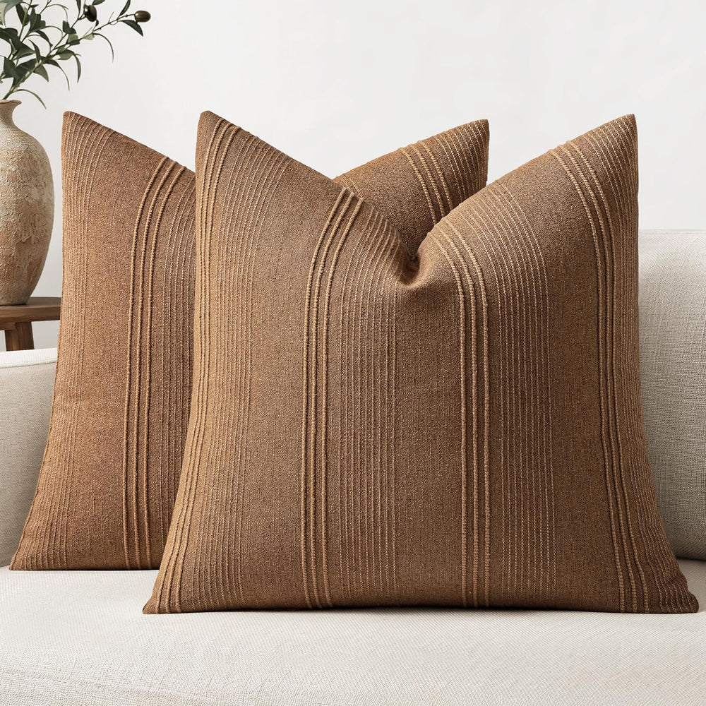 MIULEE Fall Striped Euro Sham Pillow Covers 28x28 Inch Sugar Brown 2 Pack
