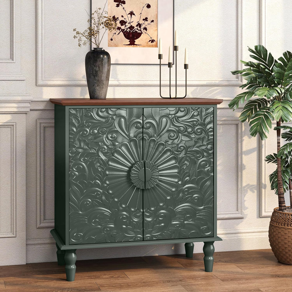 Accent Cabinet with 2 Embossed Flowers Doors for Living Room