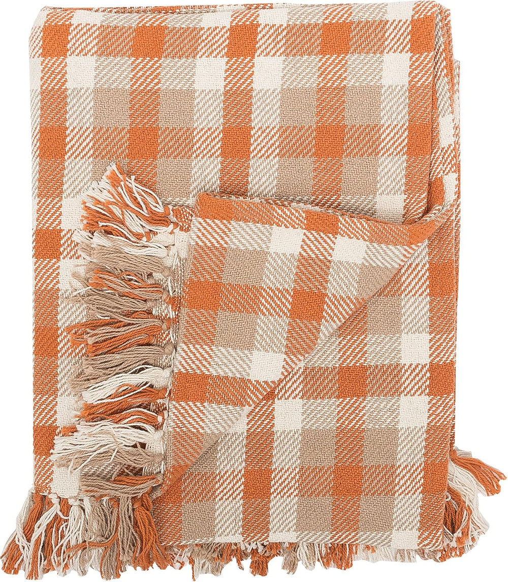 Dunmore Plaid Pumpkin Orange 100% Cotton Handwoven Accent Throw Blanket