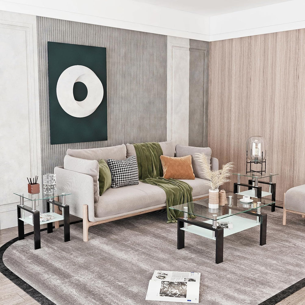 Living Room Tables Set,3 Piece Glass Coffee Table and End Tables Set for Livi...