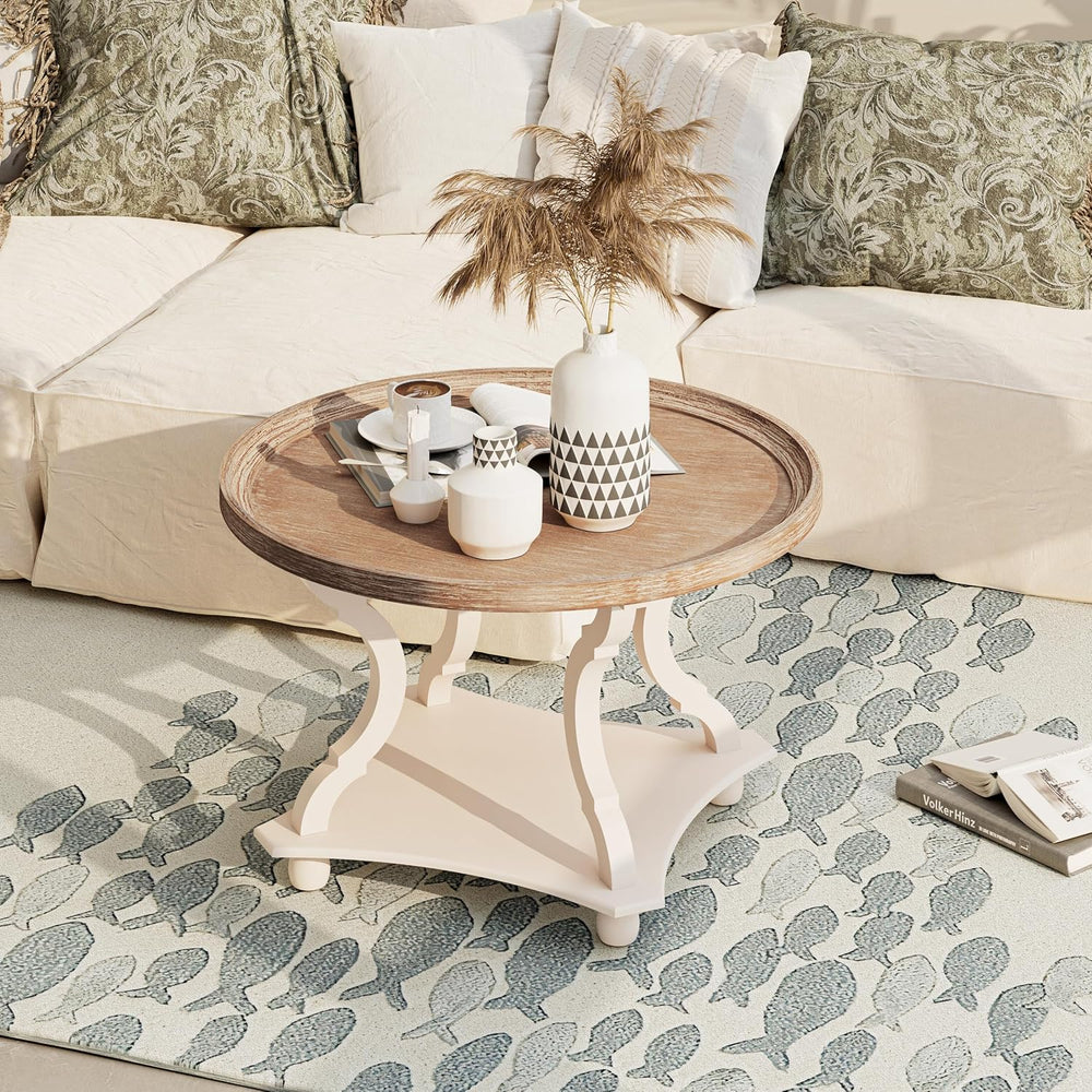 Round Farmhouse Coffee Table with Tray Top, Handmade Finish, White
