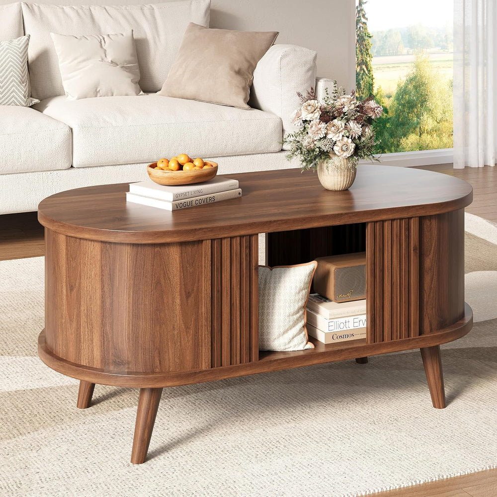 39.3" Oval Fluted Coffee Table with Storage, Fluted Mid-Century, Walnut