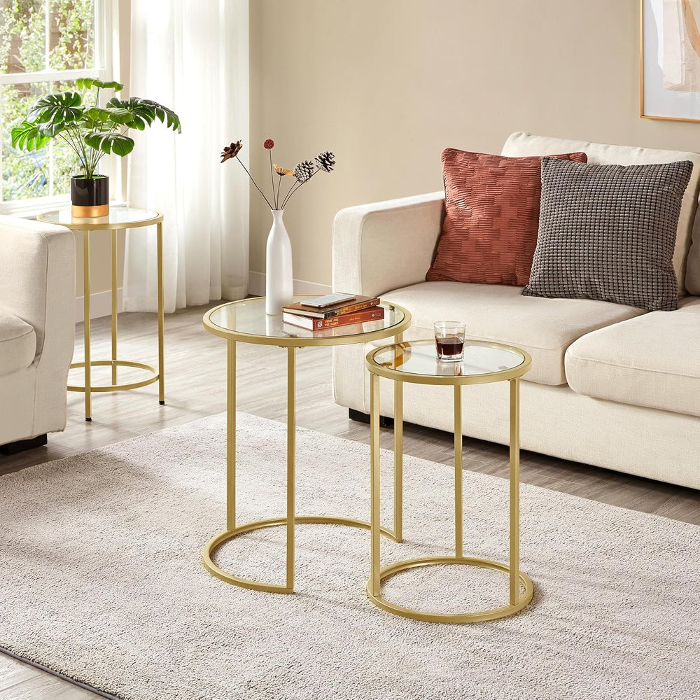 Yaheetech Round Nesting Side Table Set of 2, Gold Metal Frame and Glass Top