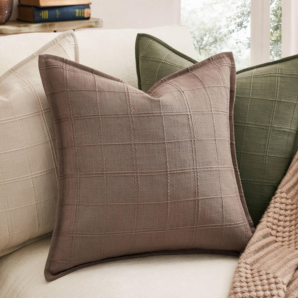 ZeeMart 2pk Check Linen Flanged Pillow Covers 24x24, Cocoa Brown