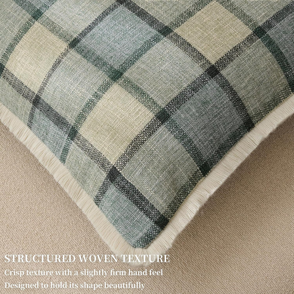Classic Windowpane Plaid Pillow Covers 18x18 Set of 2, Structured Linen-Look ...