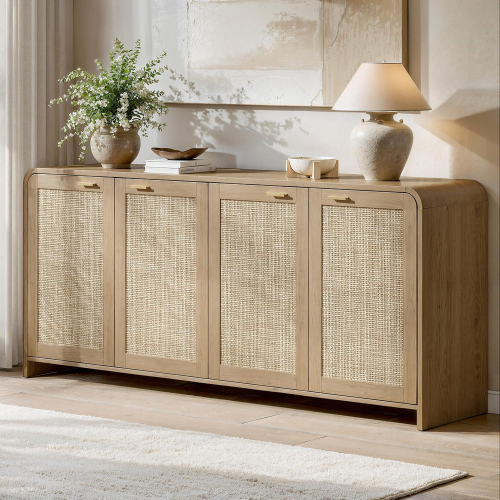 Evermagin 67" Rattan Sideboard Buffet Cabinet with Storage, Natural Oak