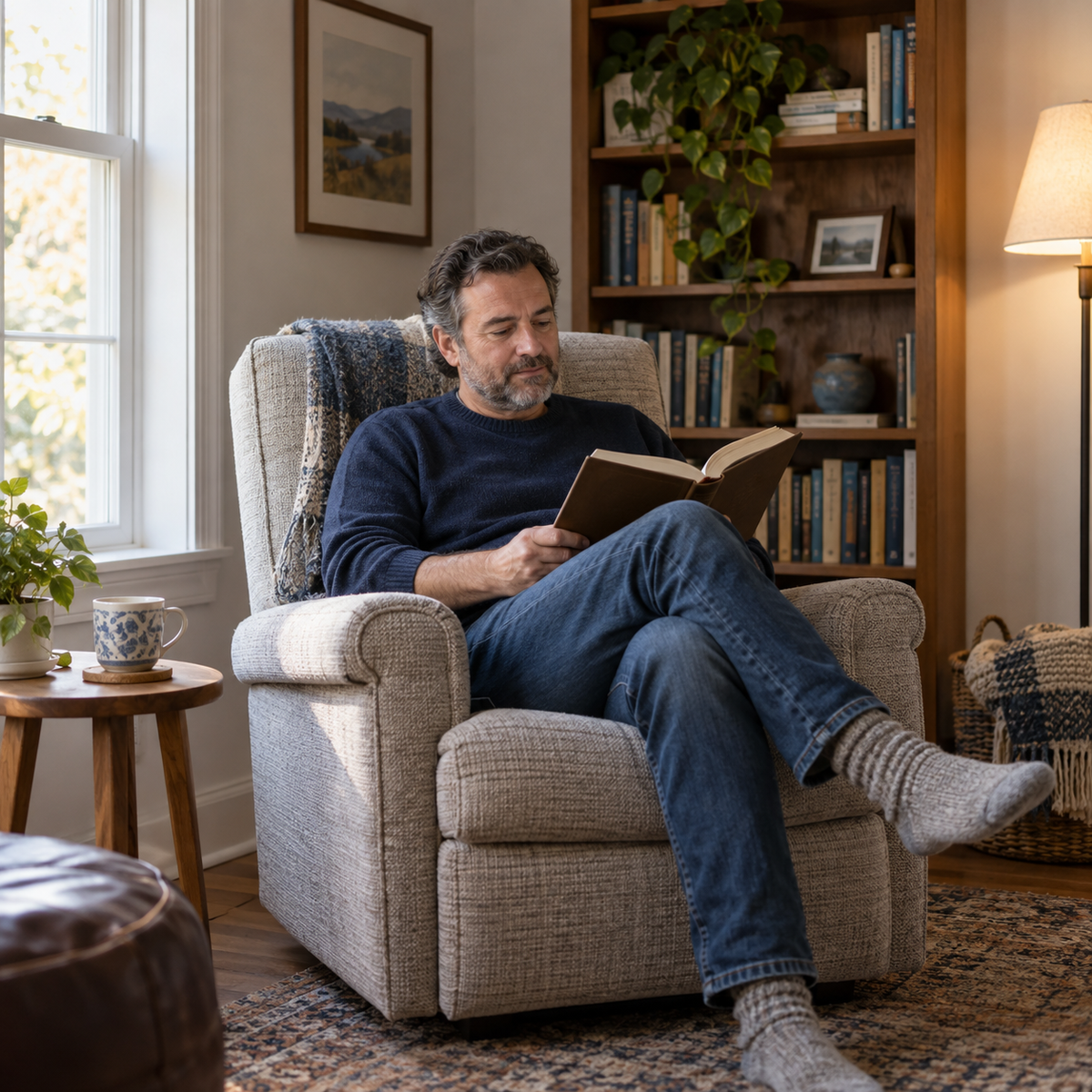 A man reading in a recliner by the window