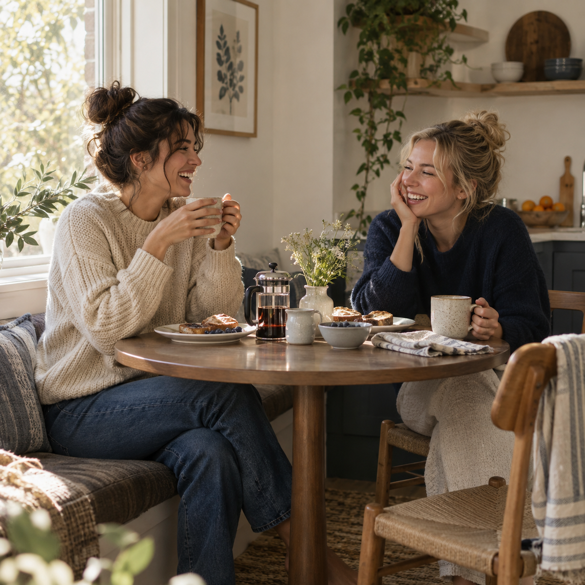 Two friends laughing over coffee at a small round table
