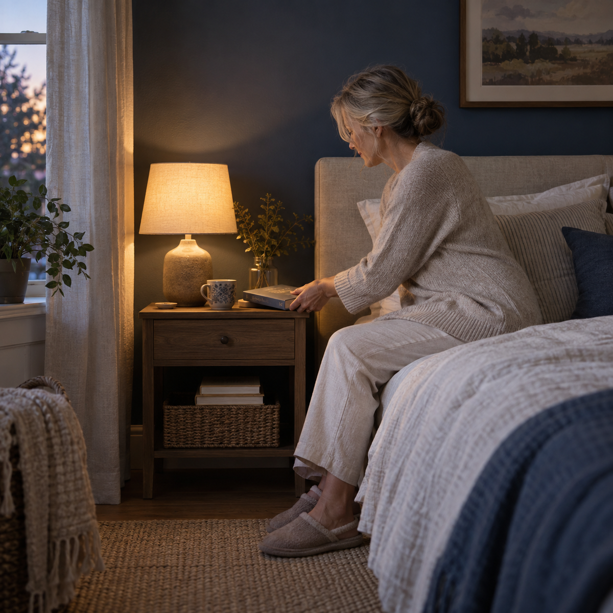 A woman setting a book on a nightstand at dusk