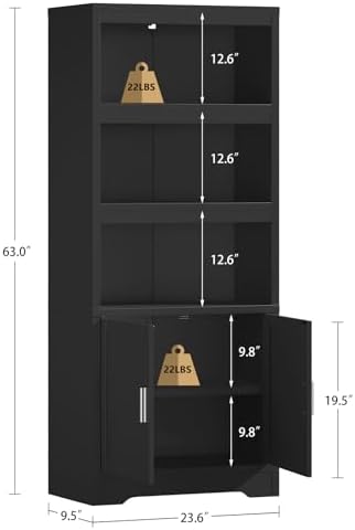Book Shelf and Bookcase with Doors, 5-Tier Display Storage Cabinet with Adjustable Shelves, Open Compartments, Remote Control LED Lights, Tall cabinet for Bathroom Kitchen Living Room, Home Office