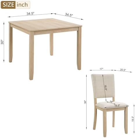 Harper & Bright Designs Modern 5-Piece Wooden Dining Table Set for 4 - Small Space 34.5" Square Kitchen Table & Upholstered Seats Chairs,Compact Apartment Dining Set,Light Oak + Beige