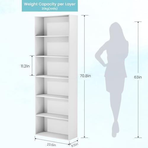 GRUSIGN 71" Tall 6-Tier Bookshelf, Large Open Display Bookcase with Ample Storage, Floor Standing Book Shelf for Living Room, Home Office, Bed Room, White