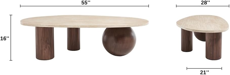 55'' Modern Oval Wood Coffee Table for Living Room, 3 Walnut Accent Legs