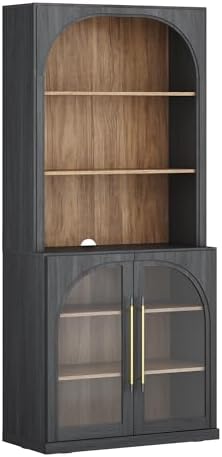 BELLEZE Glass Display Curio Cabinet, 72" Tall Modern Wood 6-Tier Shelf Storage with Sturdy Aluminum Handle, Bookshelf Bookcase for Office, Living Room, Ebony