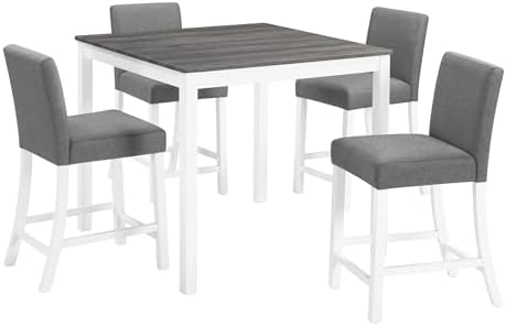RuiSiSi 5-Piece Counter Height Dining Table Set, Square Dining Table White with 4 Upholstered Chairs, Solid Wood Kitchen Table and Chairs Set for Kitchen, Home Bar, Grey