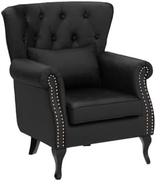 Mid Century Modern Accent Chair Upholstered Armchair Comfy Velvet Fabric Single Sofa with Tufted Wingback for Small Spaces Bedroom Living Room, Black