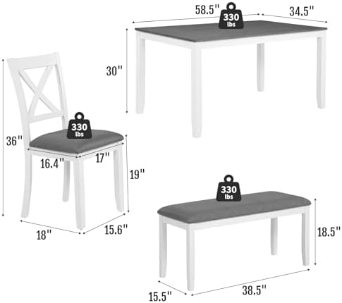 Zevemomo 6-Piece Solid Wood Dining Table Set, Wooden Legs, White