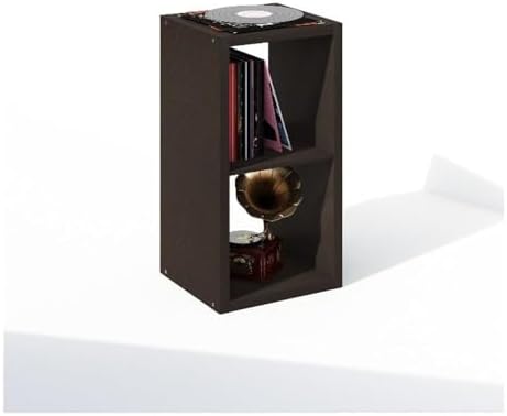 Furinno Cubicle Record Player Stand, 2-Cube Record Storage, Dark Oak