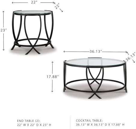 Signature Design by Ashley 3-Piece Glass Top Round Coffee Table Set, Black