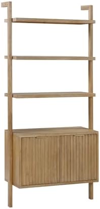Nathan James Jasper 3-Shelf Solid Wood Boho Bookshelf, Wall Mounted Bookshelf with Cabinet with Fluted Doors, Light Brown