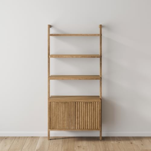 Nathan James Jasper 3-Shelf Solid Wood Boho Bookshelf, Wall Mounted Bookshelf with Cabinet with Fluted Doors, Light Brown